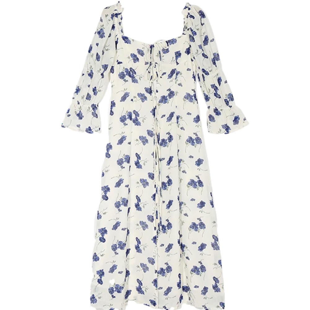 Bohemian Off White Blue Floral lace up Midi Dress Gypsy - Picture 7 of 11